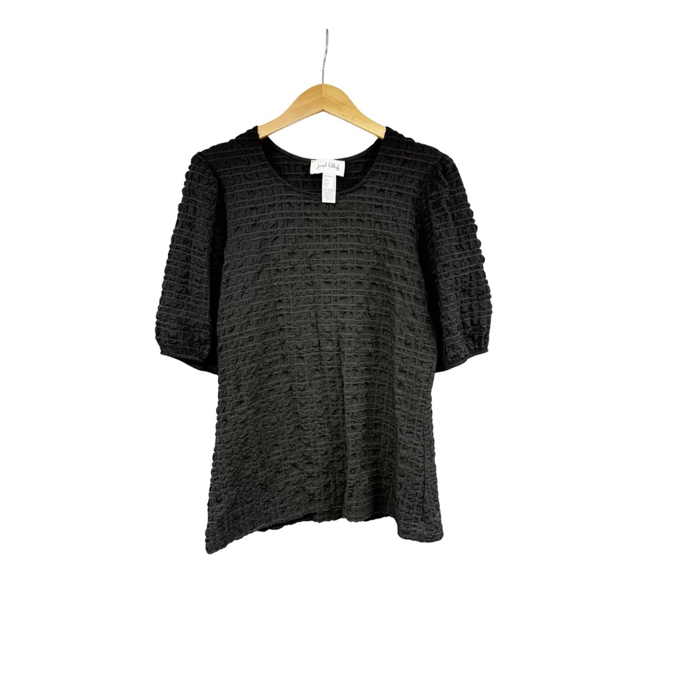 Joseph Ribkoff Black Textured Puff Sleeve Top Scoop Neck Size 12 Lagenlook